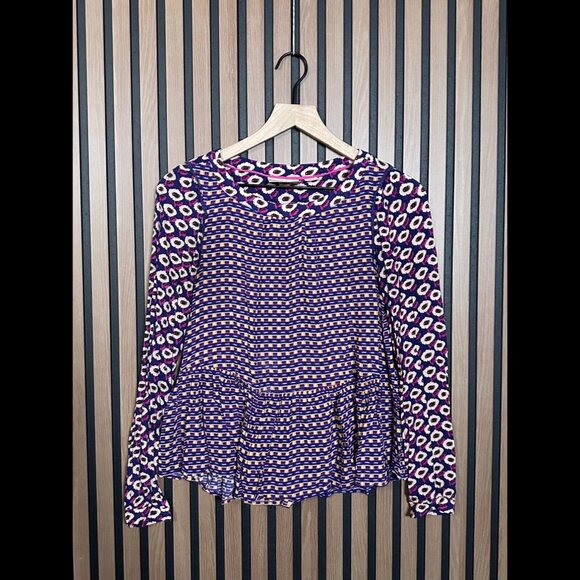 Maeve Top XS Anthropologie Purple Multi Print Abstract Long Sleeve Tiered Flowy - Picture 1 of 7